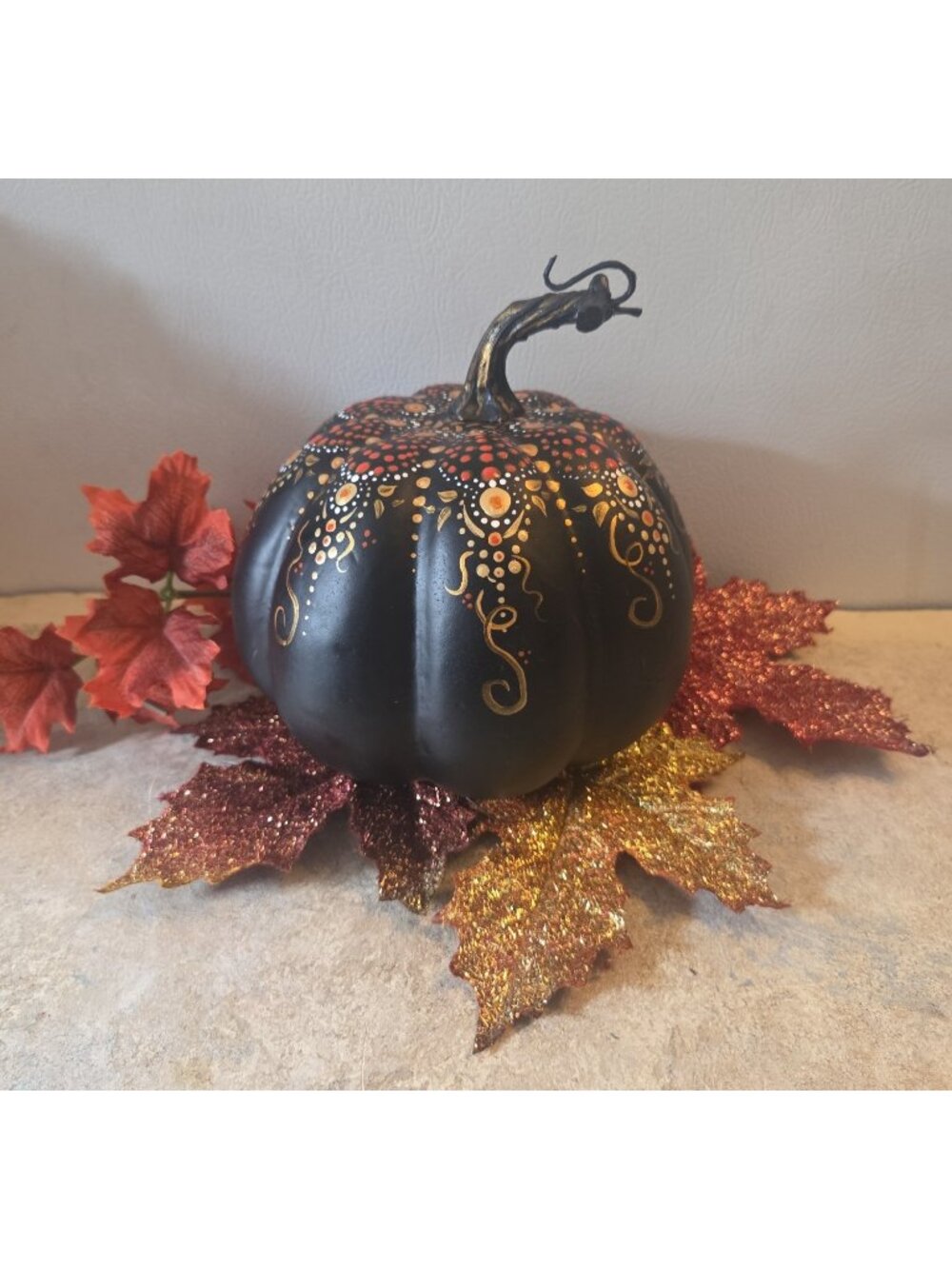 Black Mandala Pumpkin Hand Painted Orange Halloween Signed Plastic